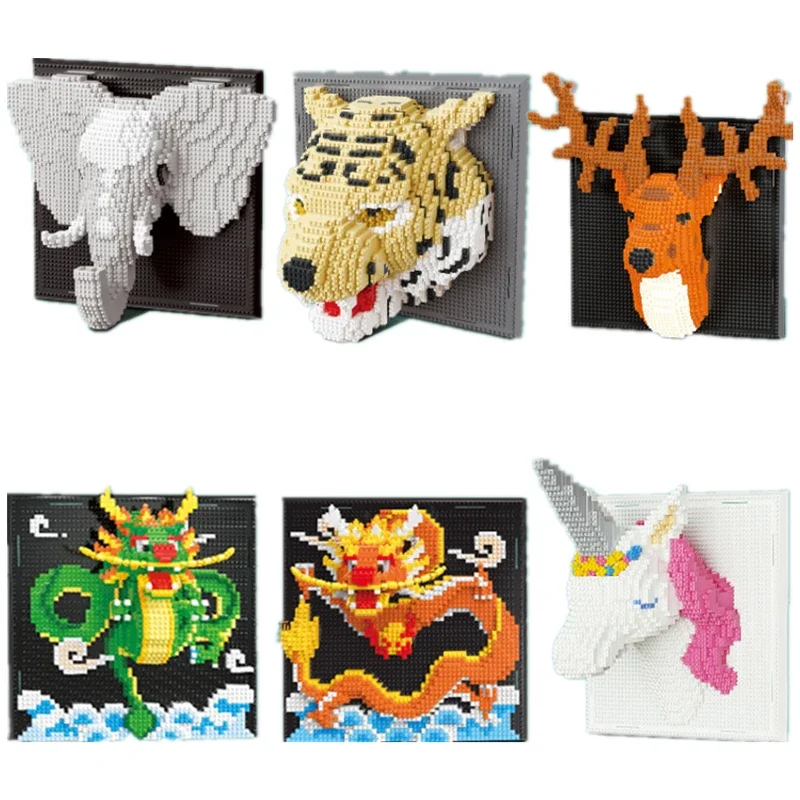 Animal Building Blocks Tiger Elephant Dragon Horse Assembled 3D Model Diamond Mirco Bricks Figure Toy For Art Wall Decoration