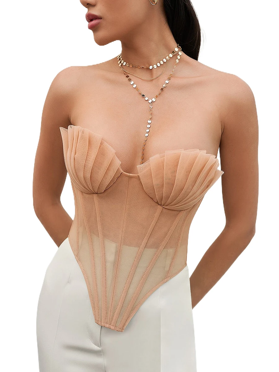 Women Tube Tops Y2K Strapless Backless Lacing Pleated Camis Irregular Summer Ladies Vests Club Party Solid Color Shell Mesh Bra