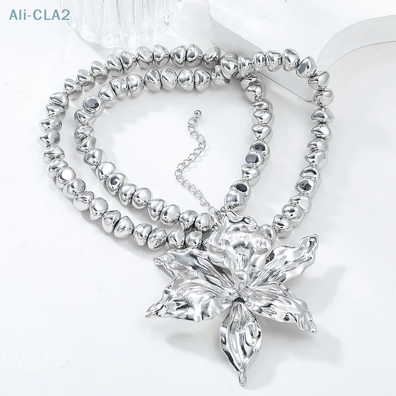 2024 New Silver Oversize Flower Pendant Necklaces For Women Vintage Statement Jewelry Choker Necklace Gifts image 2