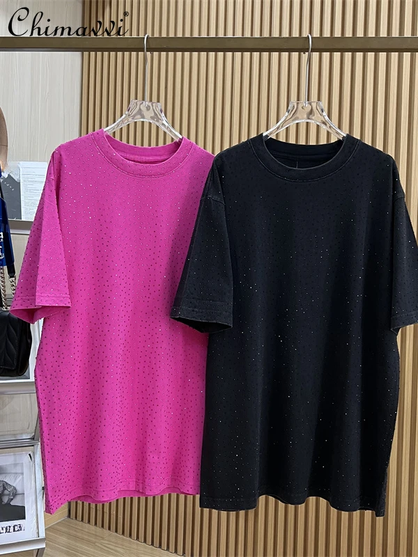 

Europe Station Fashion Full Hot Diamond Loose Large Size Mid-length T-Shirt Top Autumn New Old Short Sleeve Tshirt Crew Neck Top