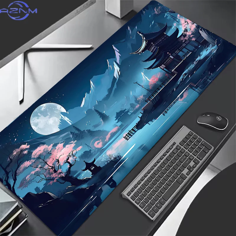 Night Sakura Mountain Moon XXL Mousepad, Traditional East Asian Architecture Lock Edge Keyboard Mat for Gamer