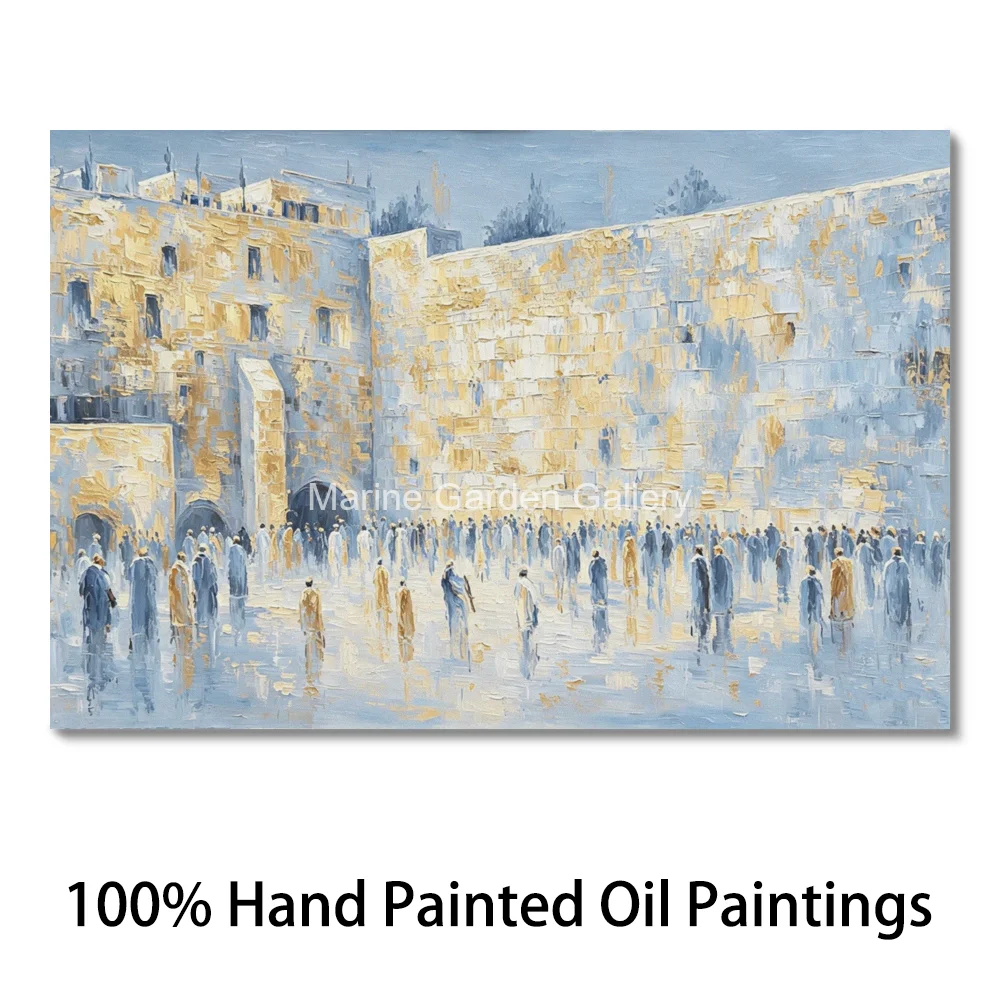Jerusalem Kotel Western Wall Oil Painting Abstract Blue Gold Hand Painted Israel Landscape Canvas Art for Jewish Home Decor