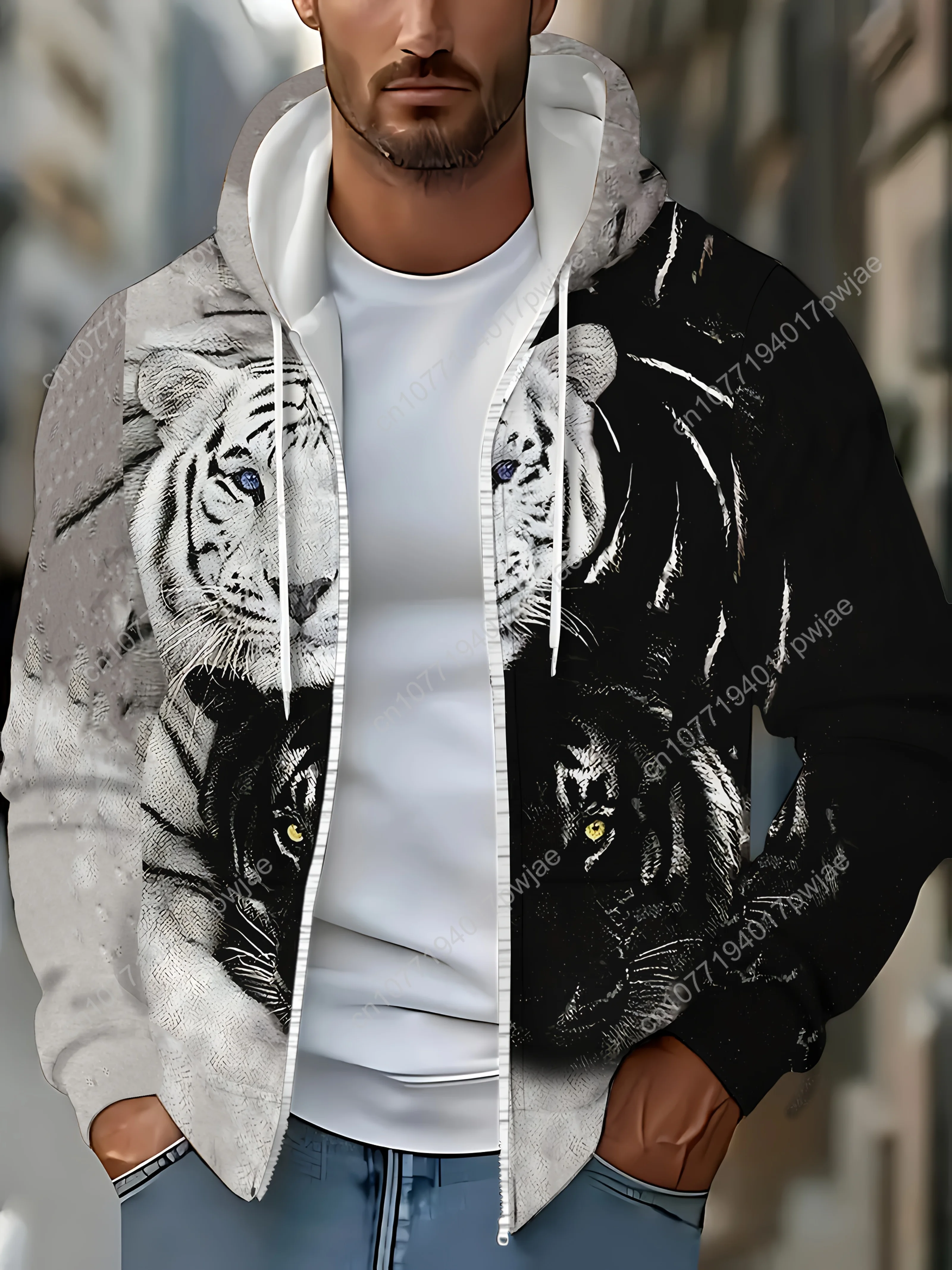 Moletom masculino de manga comprida com zíper e design de tigre, jaqueta casual ao ar livre para outono e inverno, com cordões e bolso