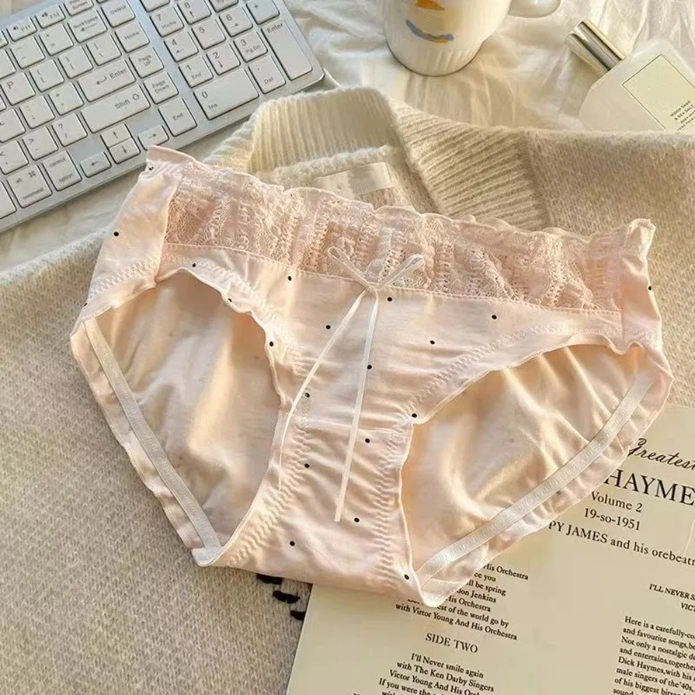 

Cute Mid-waist Underwear Women Ruffle Patchwork Sweet Panties Dots Underpants Cotton Bow Briefs Female