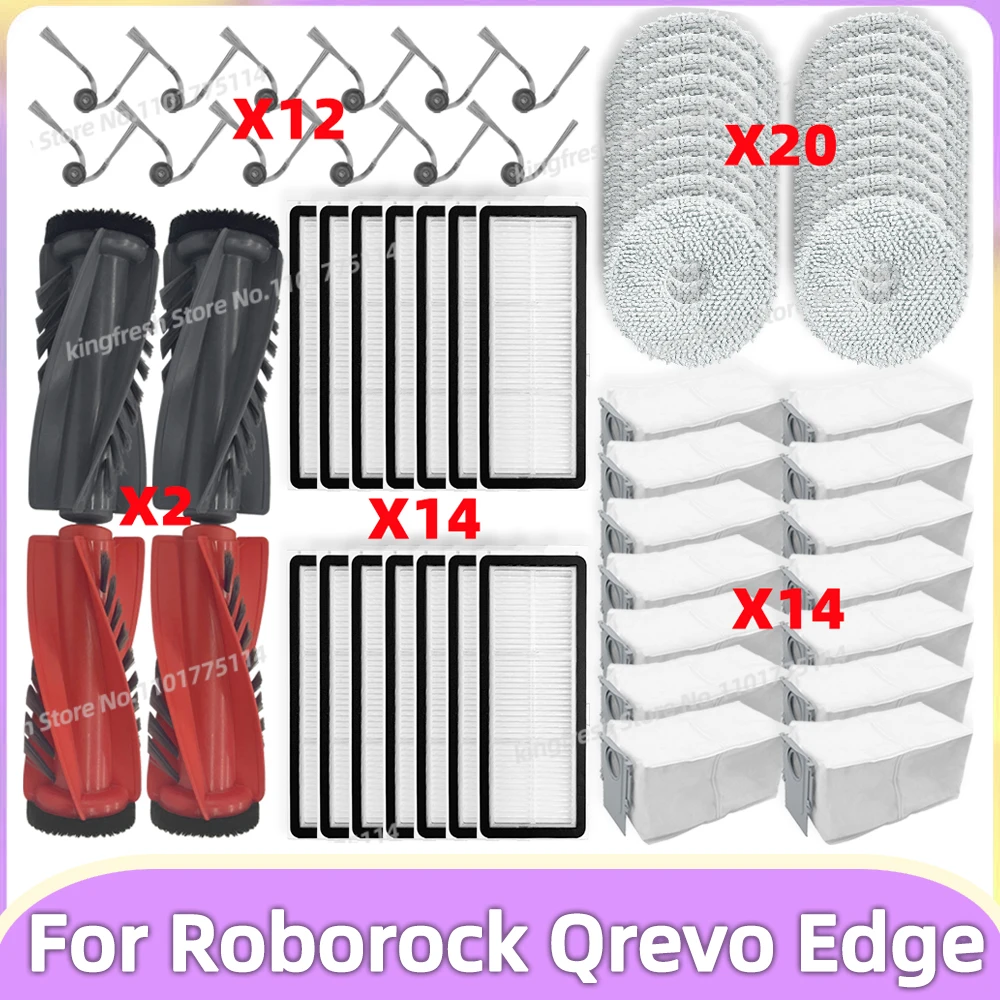 Accessoires voor Roborock Qrevo Edge/Qrevo Curv/Qrevo Edge S5A/Qrevo Curv S5X, reserveset met 2 dubbele hoofdborstels, 6 filters, 6 zijborstels, 6 mopdoeken, reinigingsborstel