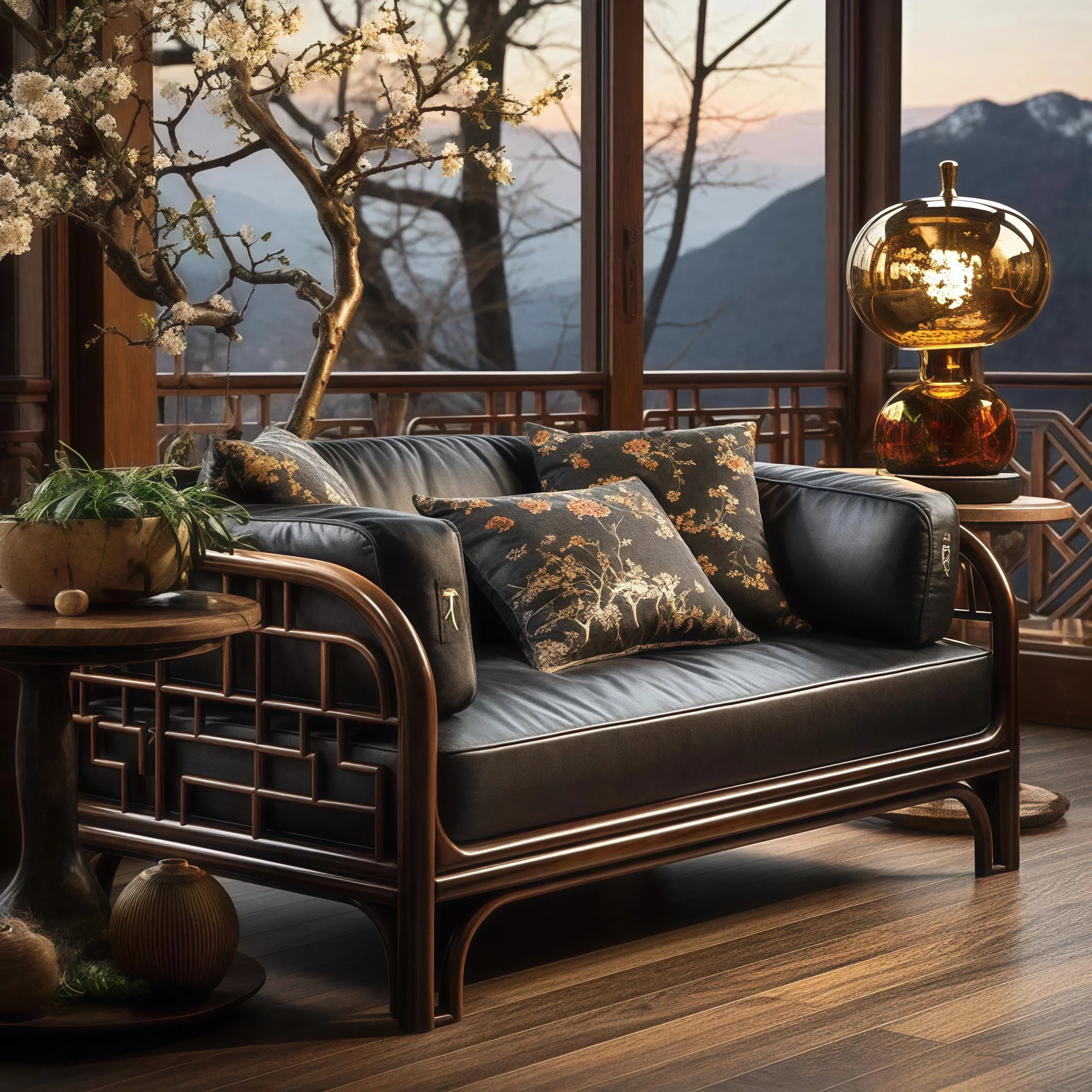 

New Chinese leather art solid wood sofa living room walnut