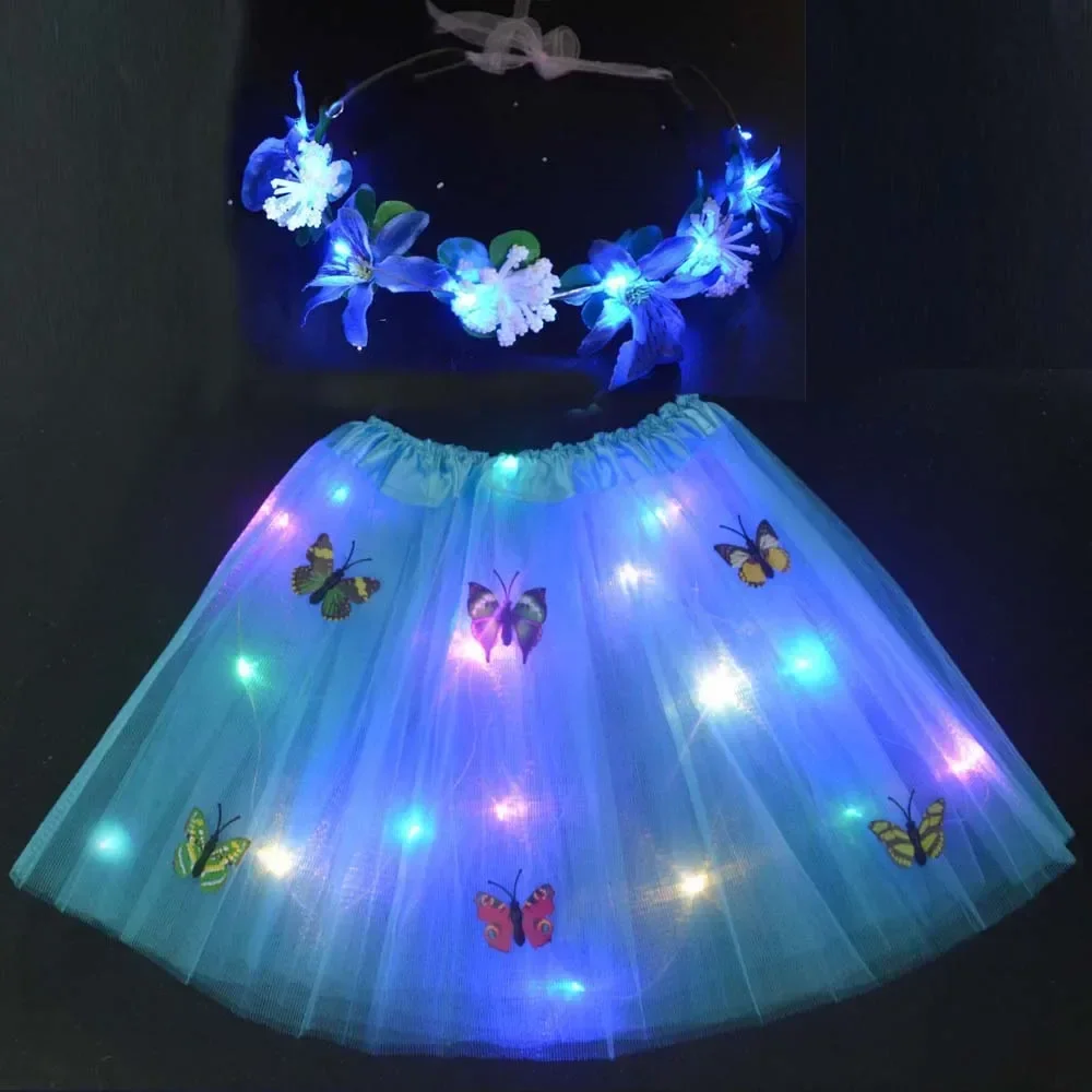 Women Girl LED Light Up Fairy Tutu Skirt Flower Headband Crown Gift Birthday Party Costume Wedding Festival Christmas Halloween