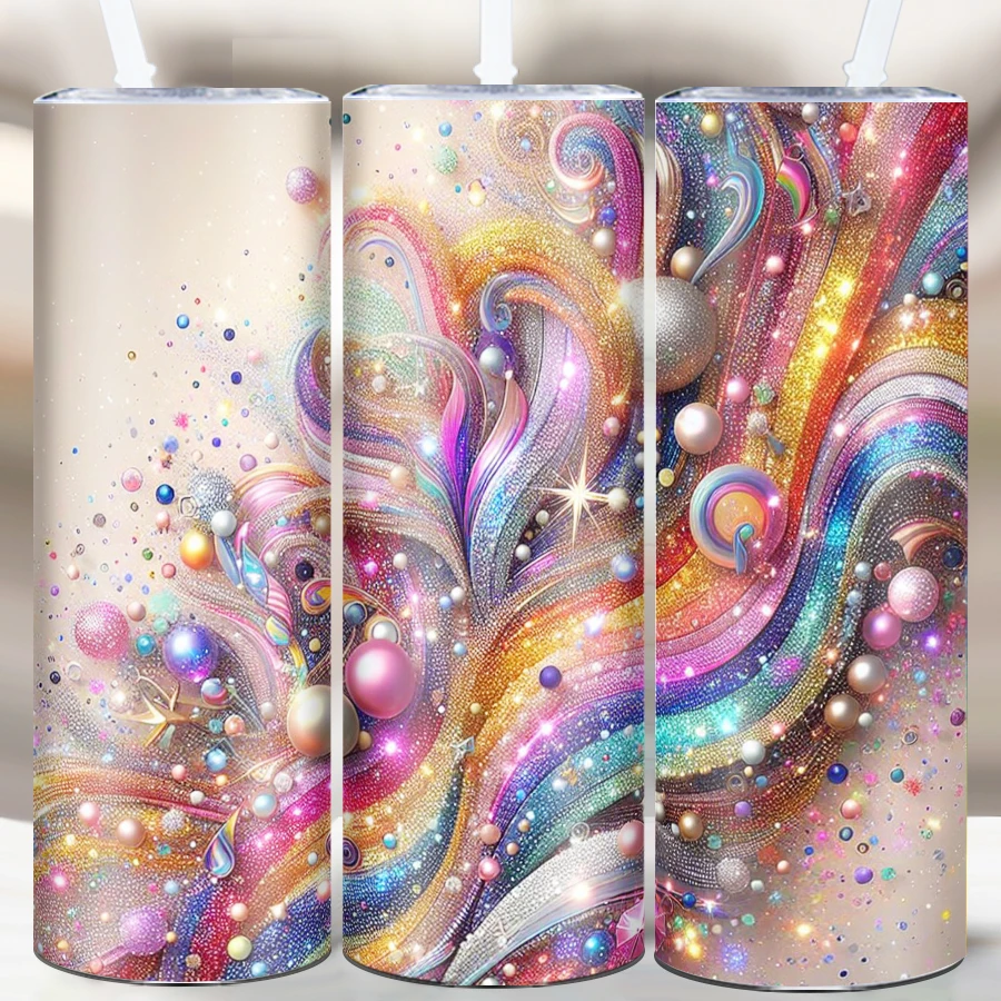 20oz Party Straight Mugs Straw Lid Stainless Hot Cold Insulated Travel Cups 3D Print Colorful Satin Christmas Party Tumblers