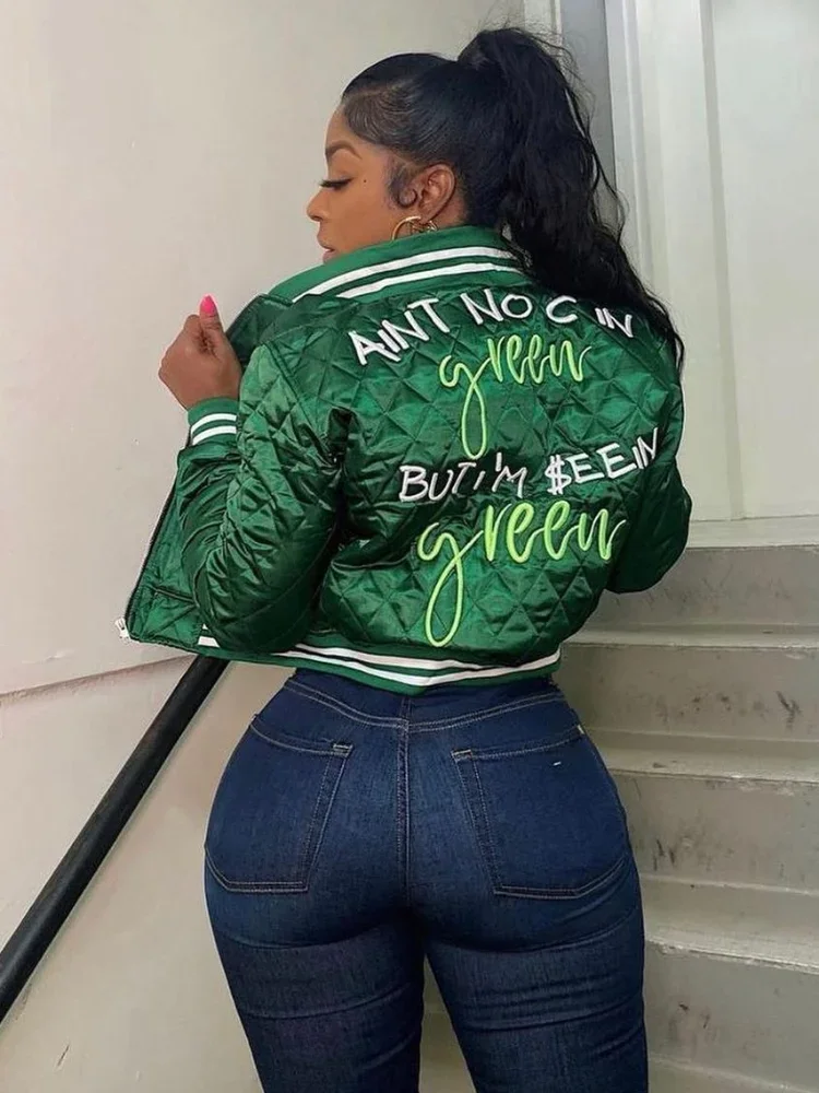 2024 Fall Winter Women Letters Embroidery Bomber Jacket Streetwear Cotton Padded Varsity Jackets Quilted Coat Parkas Pink Tops