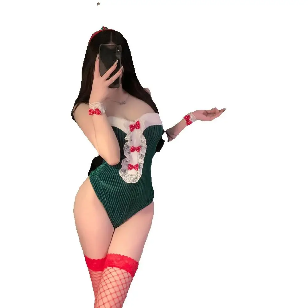 

New Design Women's Sexy Off-shoulder Lingerie Bodysuit Adult Lady Christmas Party Cosplay Costumes Cute Girl Green Velvet Outfit