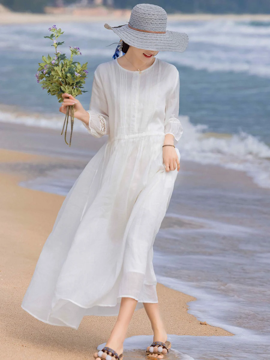 فستان نسائي قطني جديد لربيع وصيف 2025 رداء Ete فام Elbise فضفاض مطرز نصف كم فساتين طويلة للعطلات N618 #4