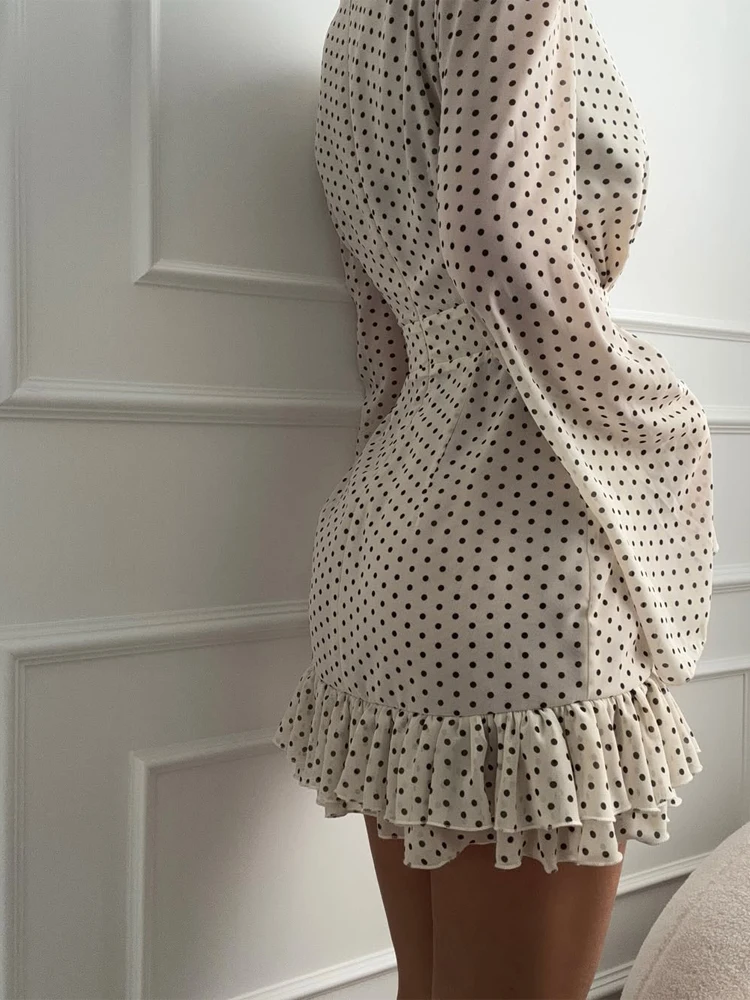 

Women White Polka Dot Chiffon Mini Dress Deep V Neck Flare Long Sleeve High Waist Ruffle Hem Sexy Elegant Party Club Dress New