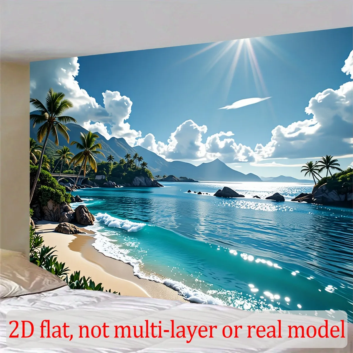 Tropical Beach Palm Tree Ocean Mountain View Tapestry 2D Flat Printing Wall Hanging Backdrop for Living Room Bedroom Summer Art