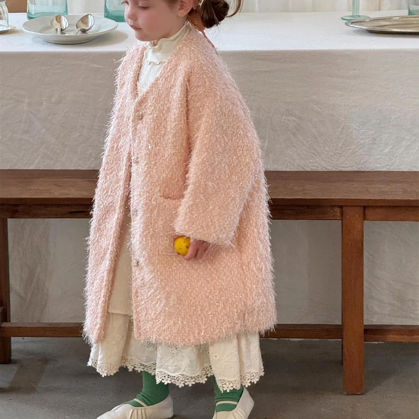 

Girls Coat 2025 Autumn New Childrens Clothing Korean Style Girl Baby Pink V-neck Single Breathe Long Coat Casual Simple Daily
