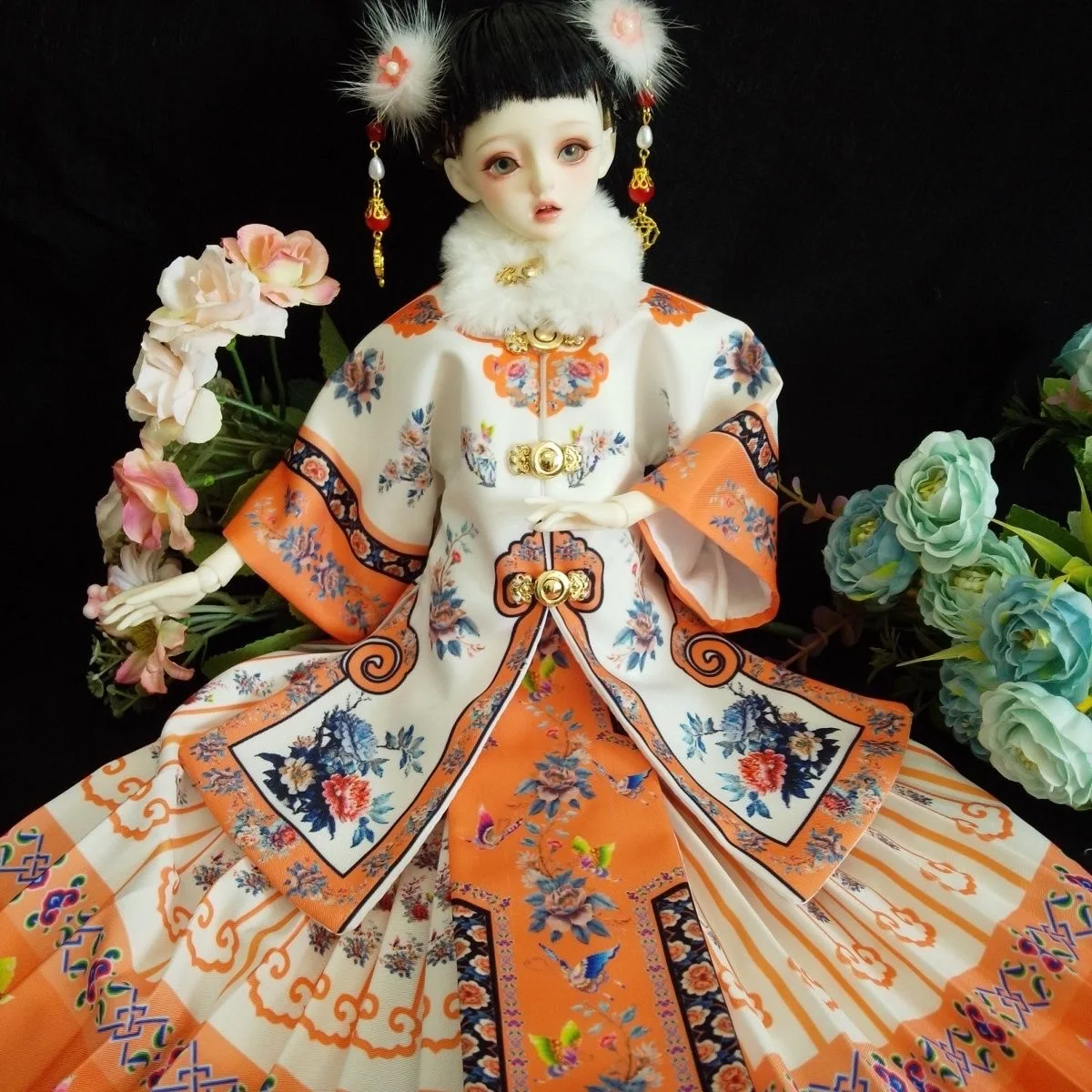 Beautifull 1/4 BJD Doll Clothes, Orange Round Neck Ethnic Dress Set