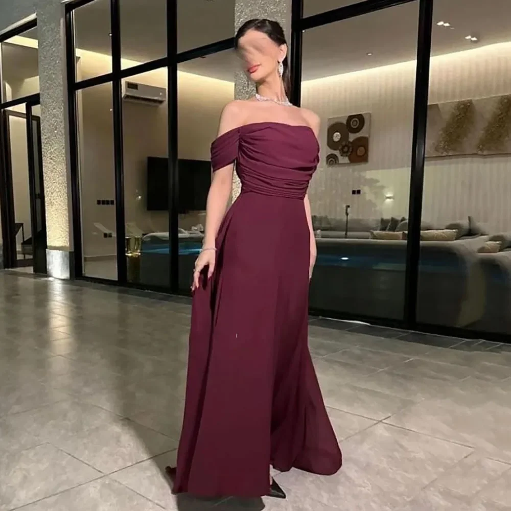 LIYYLHQ Purple Off The Shoulder Saudi Arabic Evening Dress Popular Pleats Chiffon Prom Gown Women Wedding Party Gowns Customized