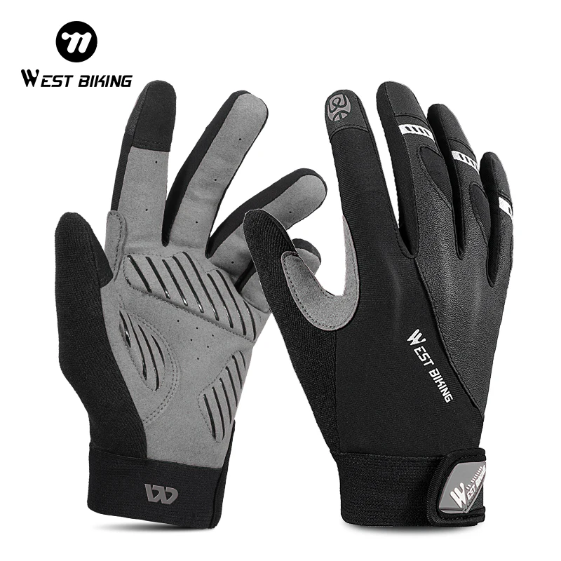 WEST BIKING Full-Finger MTB Bike Cycling Gloves Touch Screen Anti-Slip Shock-Absorbing Reflective Adjustable Wrist Riding Gear