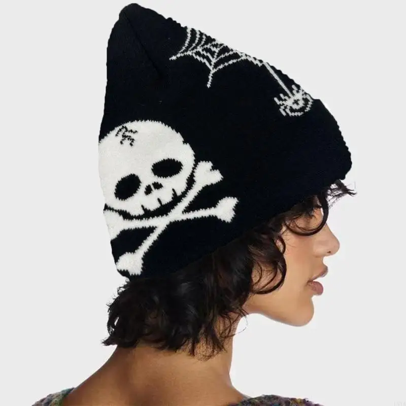 

L5YA Knit Jacquard Skull Pattern Hat Students Outdoor Cycling Skiing Hat Halloween Winter Keep Warm Hat for Couple