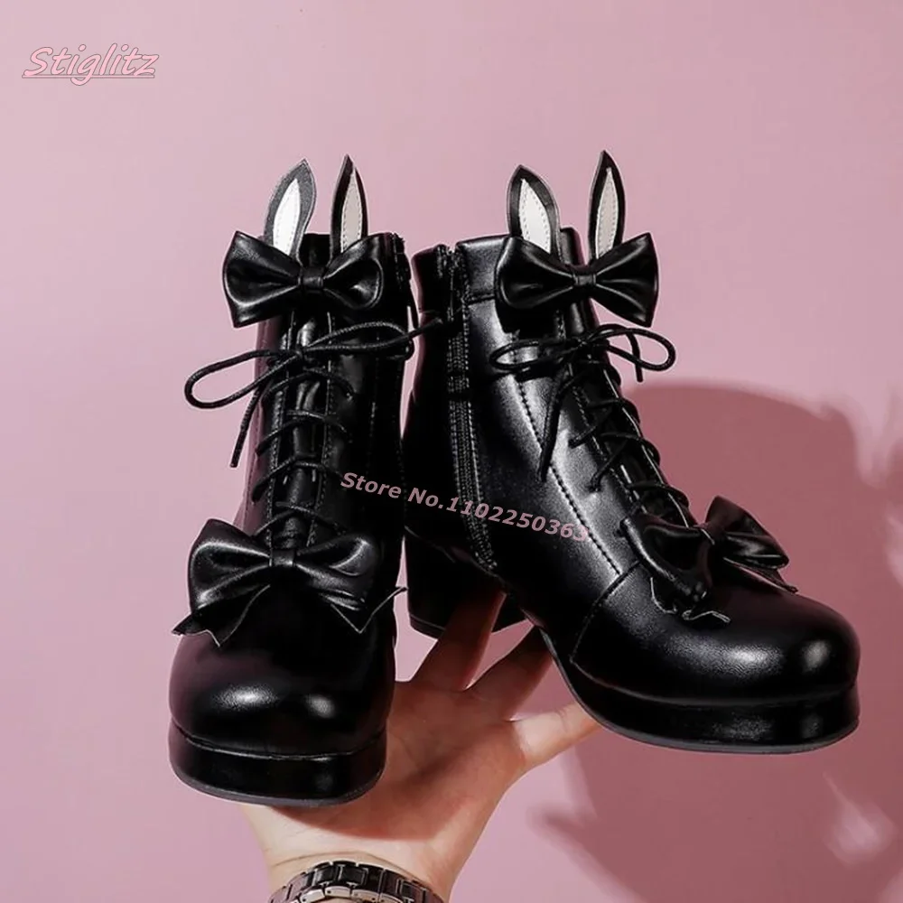 

Black Lace Up Booties 2024 Luxury Round Toe Side Zipper footwear Solid Elasticity Suede Square Chunky Heel Office Shoes