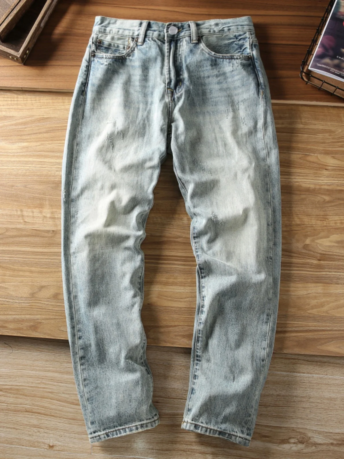 

Мужские джинсы в стиле ретро, плотные, повседневные, универсальные, с эффектом потертости, белые, всесезонные, классические, прямого кроя