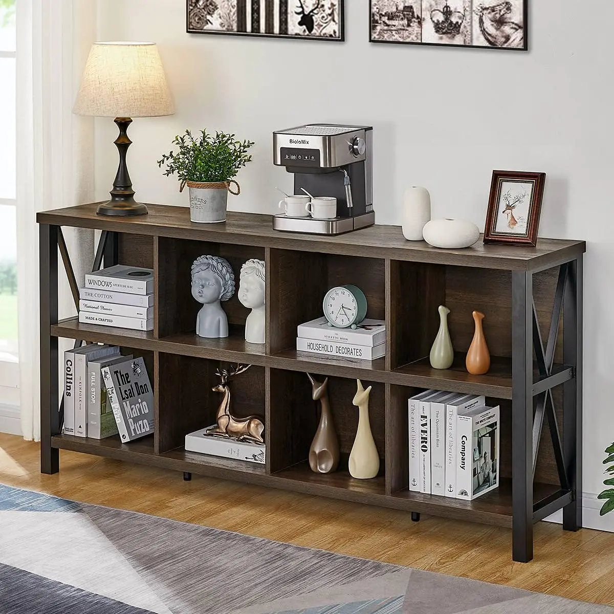 8 Cube Storage Organizer Bookshelf, Rustic Wood Cubby Bookcase, Industrial Horizontal Long Shelf