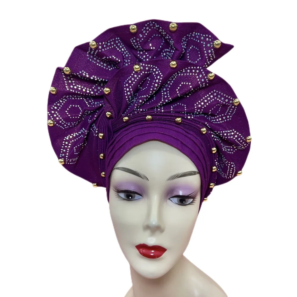 Ładna afrykańska tkanina ASO OKE nigeryjczyk Gele Headtie z kamienie, koraliki Turban Femme chusta na głowę kobiety szalik wysokiej jakości 1 sztuk/paczka