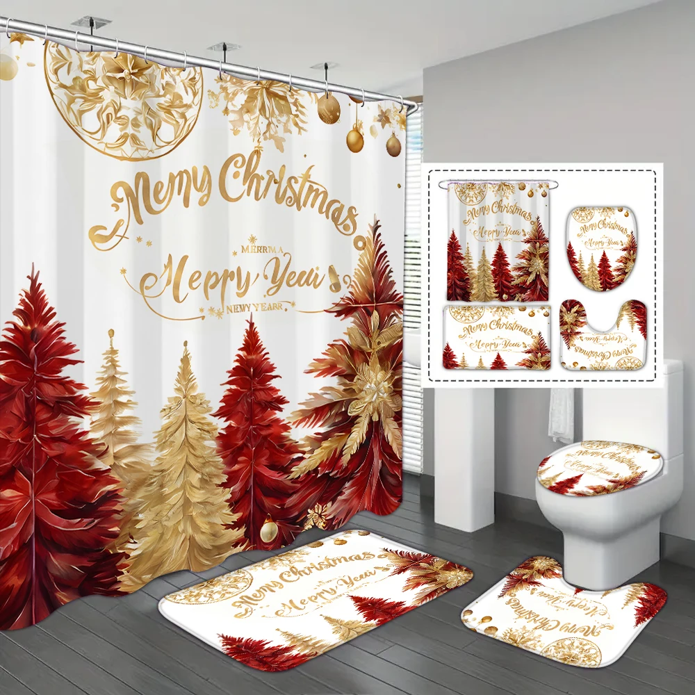 4-piece set of Merry Christmas Tree waterproof shower curtain with 12 hooks, waterproof printed curtain, bathroom floor mat