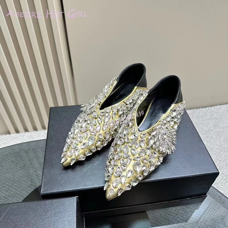 Light Yellow Satin Crystal Beads Flat Shoes Women Spring Mules Pointed Black Satin Slippers Jewelry Sequins Luxury Pump Sandals