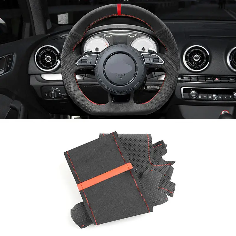 

Замшевый перфорированный кожаный чехол для Audi S3 2014 2015 2016 2017 S5 2012-2016, накладка на руль автомобиля с красной полосой ниток