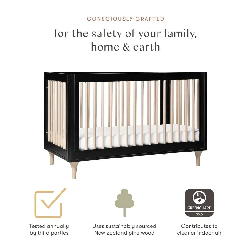 Babyletto Lolly 3-in-1 Convertible Crib with Toddler Bed Conversion Kit in Black and Washed Natural, Greenguard Gold Certified