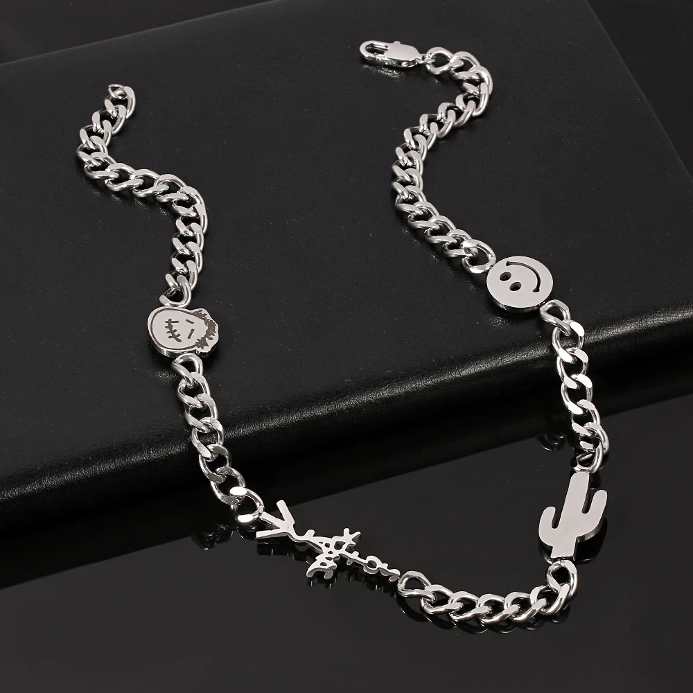 Harajuku Fashion Punk Cactus & Happy Face Necklace Stainless Steel Gothic Street Pendant Jewelry for Women And Men
