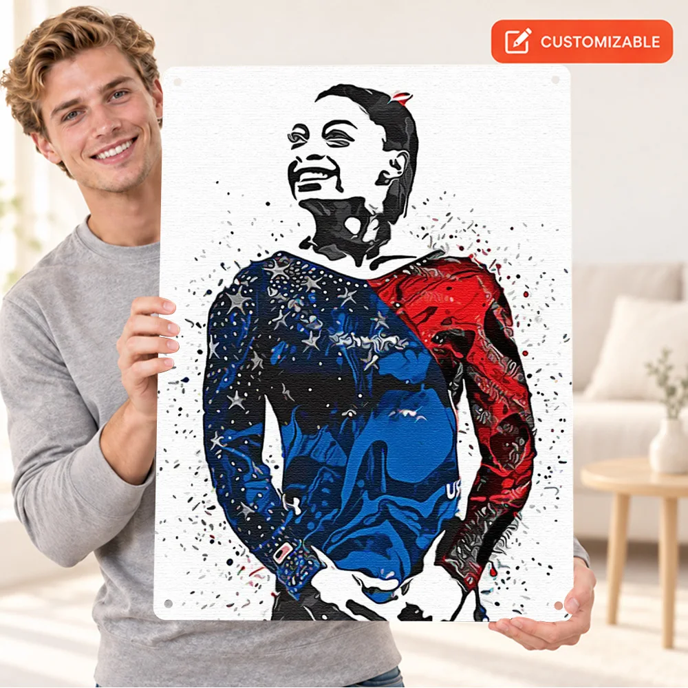 Simone Biles Gymnast Textured Metal Poster Customized Aluminum Sign Red Blue Stencil Illustration Wall Art For Training Room