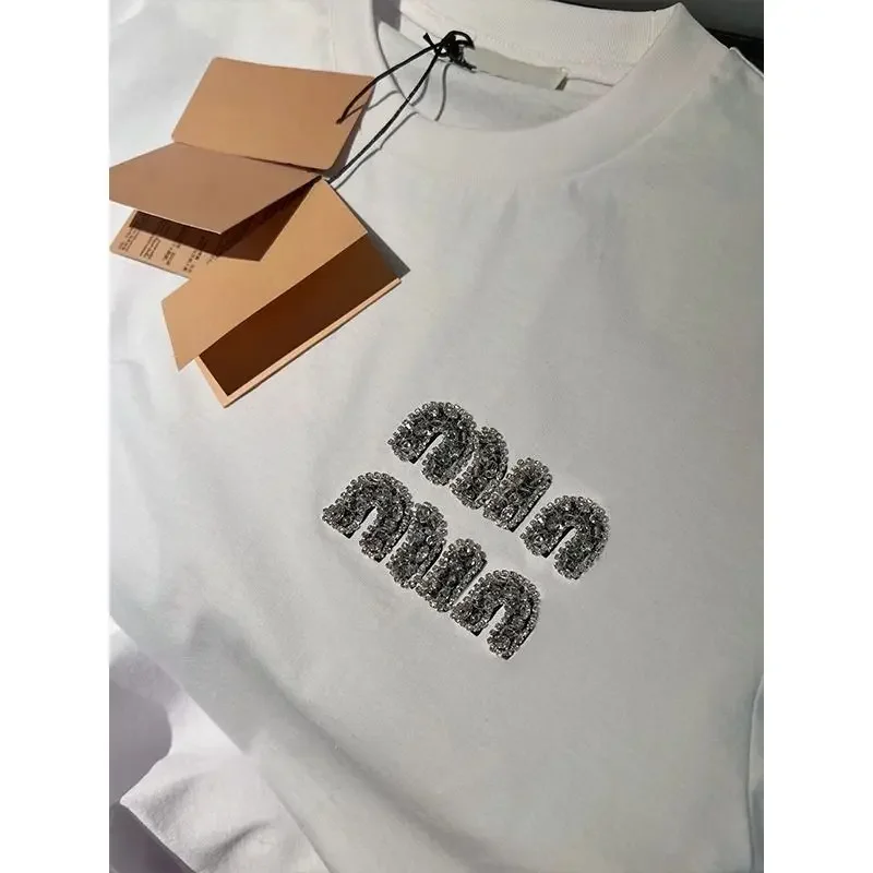 Femme Fashion Diamonds Letter White Short Sleeve T-Shirts Summer Casual Loose Top Tee Women Clothing Simplicity Tee Shirt