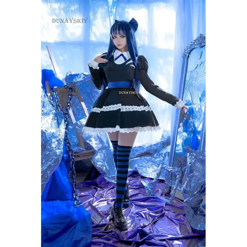 

lili 123Panty & With Garterbelt Stocking Anarchy Cosplay Costume Black Dress Uniform Long Wig Bow Tie Hairpin Striped S