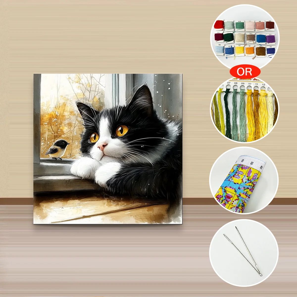 1 Stück 30x30 cm/11,8 Zoll, 11Ct/14Ct Kreuzstich-Set, DIY Valentinstagsgeschenk, Stickerei-Set für Festlichkeiten, Schwarz-weiße Katze auf dem Fensterbrett – Detail 3