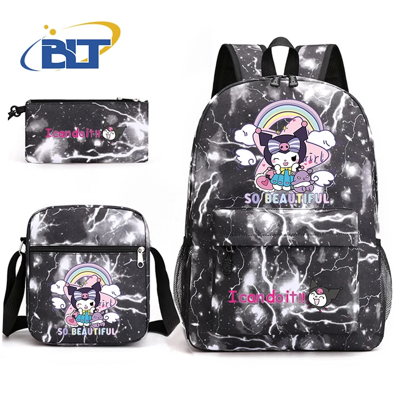 Kuromi printed girls school bag set zaino casual borsa a tracolla astuccio 3 pezzi set regalo per bambini