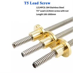 T5 Lead Screw 304 stainless steel Diameter 5mm Thread 8mm Pitch 1mm Lead 1mm/2mm/4mm Lead Screw with Brass Nut for 3D Printer