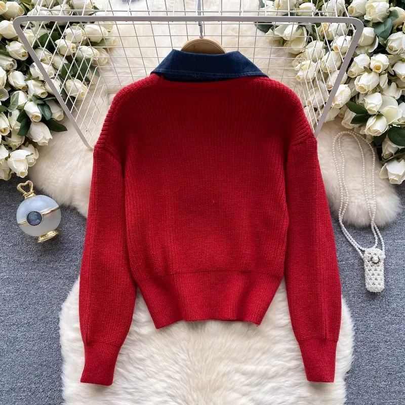 Neploe Elegant Fake Two Piece Knitted Sweaters 2024 Autumn New Denim Patchwork Tops Women Y2k Long Sleeve Pullovers Mujer