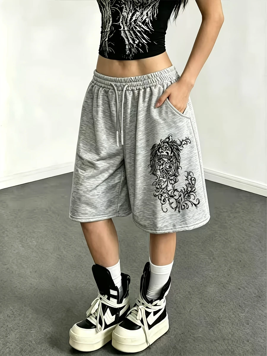 Fashionable Light Gray and Dark Textured Printed Mid-length Sweatpants/shorts Loose Fit Street Punk Style Casual image 2