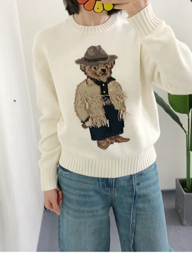 Women's round Ne Knitted Pure Cotton Sweater Bear Tassel Handmade op Overhead irt Warm Autumn Winter Faion Commute