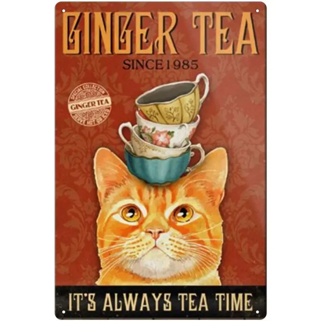 Letrero Metálico Retro Vintage con Diseño de Gato y Té de Jengibre, Decoración de Pared para Cocina, 'Es Siempre la Hora del Té'