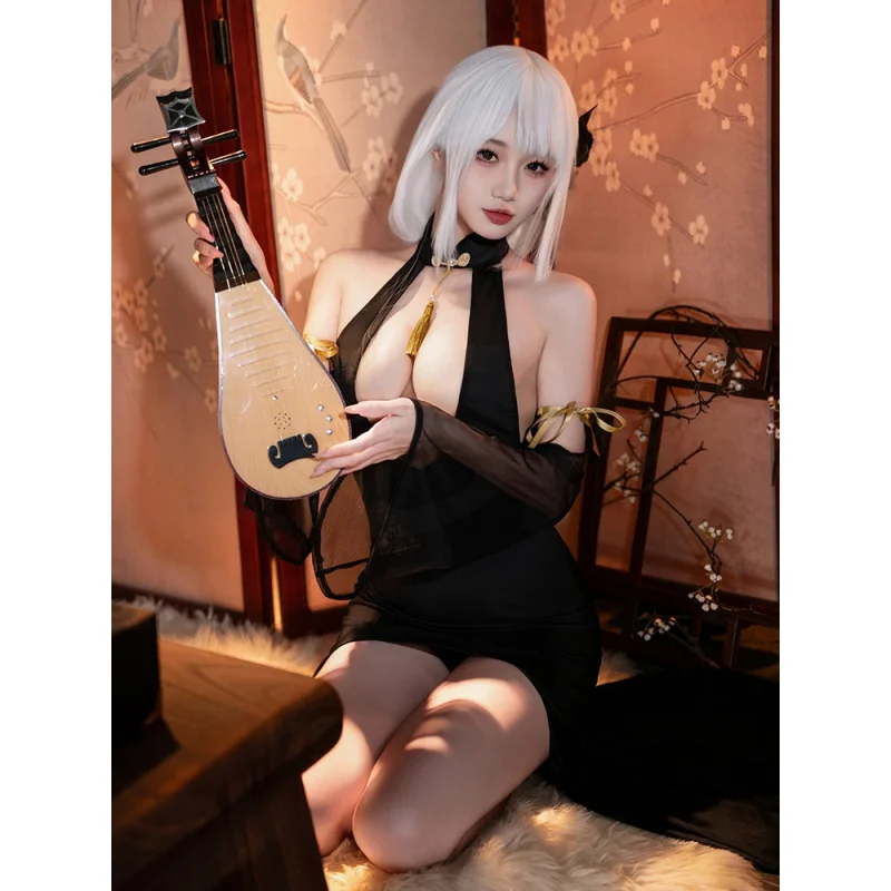 فستان لانجري مثير بفتحة على شكل حرف V على طراز شيونغسام بأكمام شفافة وتصميم بدون ظهر ملابس لعب الأدوار المثيرة للنساء