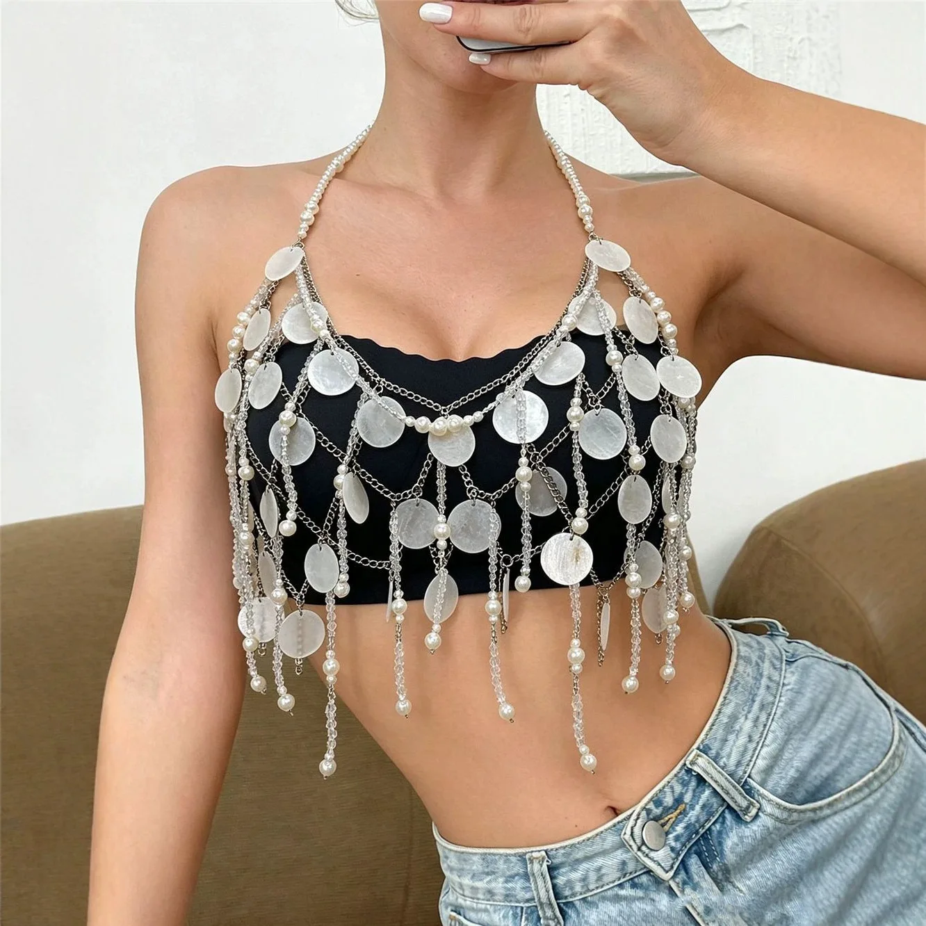 Bohemian Transparent Shell Fringe Halter Crop Top Sexy Sequin Bra Chain Bikini Top Harness Beach Carnival Festival Party Outfits