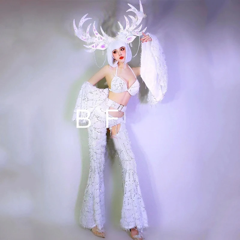 

New Set Bar Nightclub Ds Dj Pole Dance Outfit White Sequins Top Pants Women Christmas Gogo Dancer Costume Party Festival Clothes