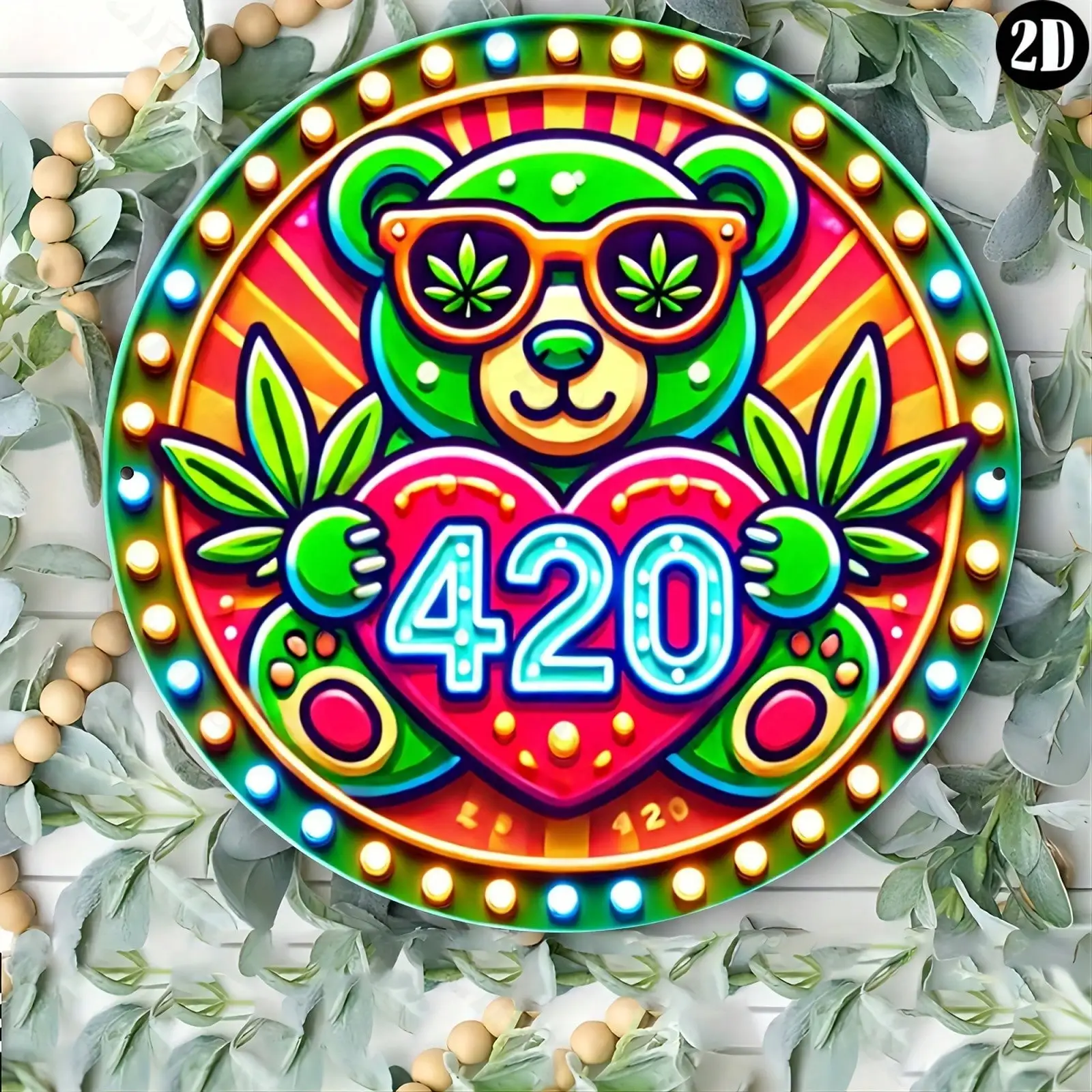 Vintage 420 Cannabis Gummibärchen Metallschild, Retro Cooler Bär mit Weed-Blatt-Sonnenbrille und 420 Herz Runde Wandkunst-Dekoration, Cl