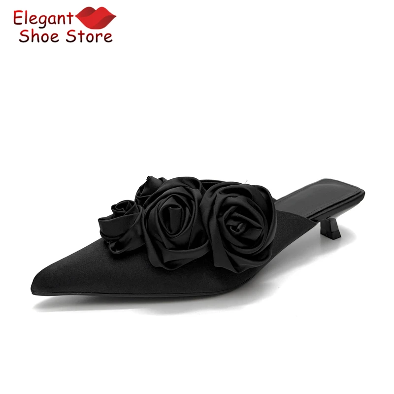 White Black Satin Kitten Heel Half Sllippers French Style Silk Rose Pointed Toe Med Heels Sandals Elegant Women Wedding Shoes