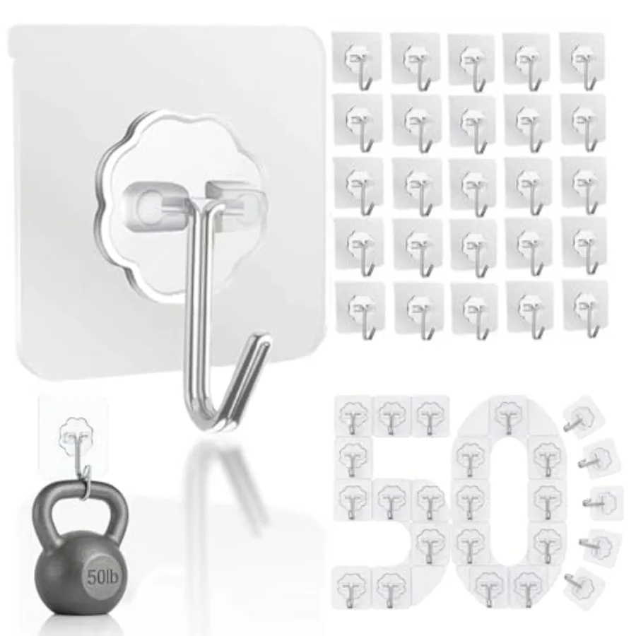 

Hooks for Hanging 50 Pack Wall Hooks 50lb Max Transparent Reusable Waterproof Adhesive Hook for Kitchen Curtain Towel Hook for