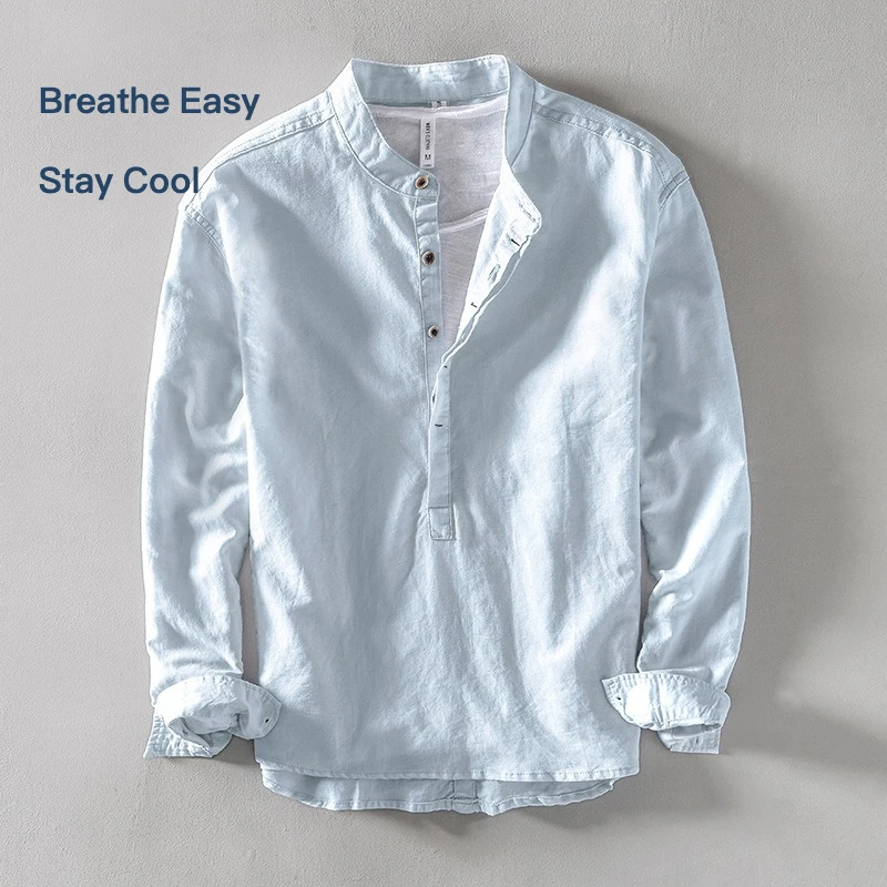 Men's Cotton Linen Shirt Slim Fit Solid Color Stand Collar Long Sleeve Casual Henley Shirt