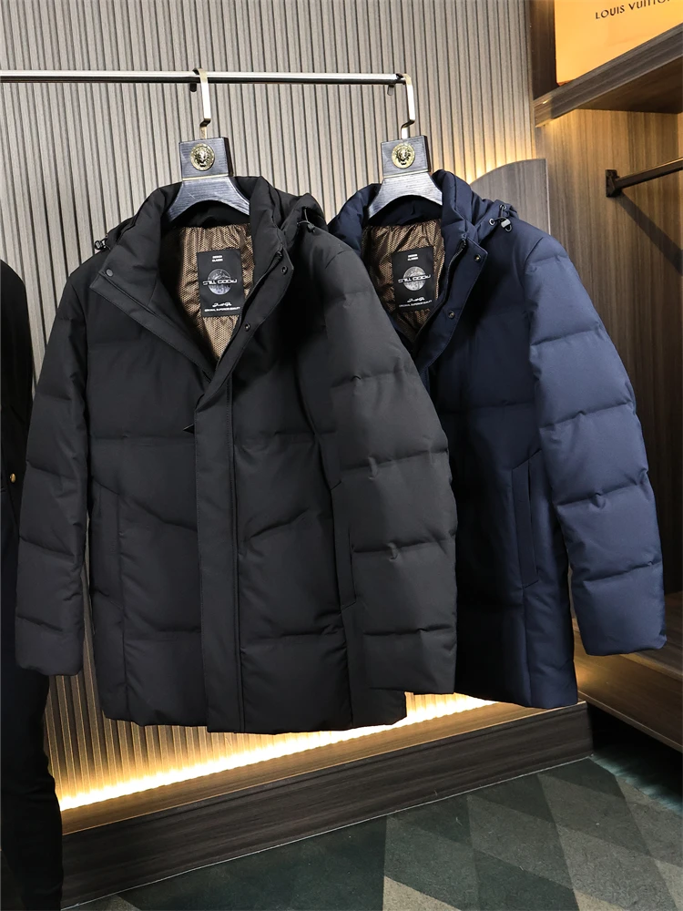 

High-End Anti-Wrinkle Fabric down Jaet Men's Hooded Mid-Length Pure Color Versatile Winter Coat Faion Urban Sle
