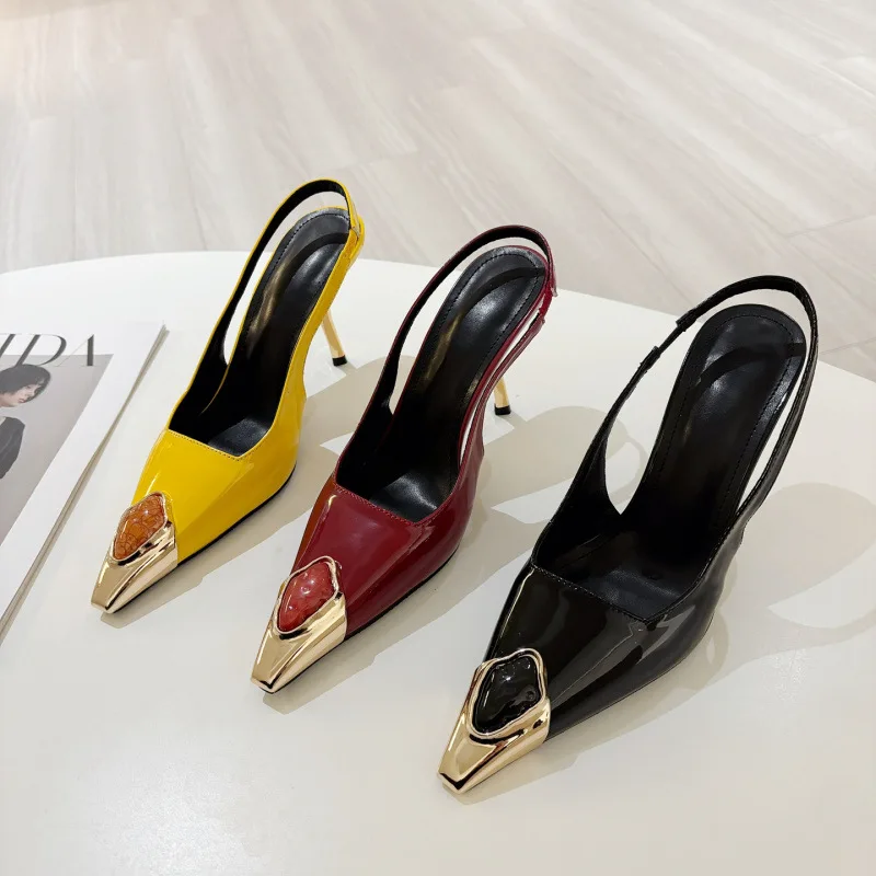 

New Four Seasons Women's High Heels Metal Gemstone Toe Sexy Stiletto Patent Leather Slingback Sandals Slingback Shoes
